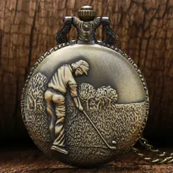Bronze Golf Man Casual Necklace Vintage Retro Quartz Poket Watch Pendant Necklace Friend Father Watches Gifts with Long Chain