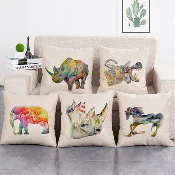 

ZXZXOON Elephant rhinoceros horse animals pillowcase home textile cotton linen cushion cover for sofa home capa de almofadas