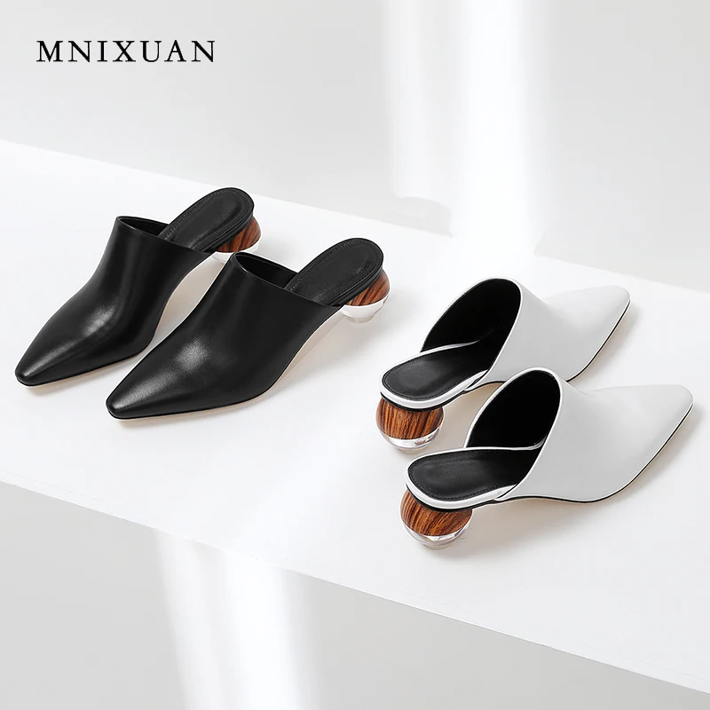 

MNIXUAN Handamde high quality women shoes slippers sandals 2019 square toe mules shoes genuine leather slip on high heels black