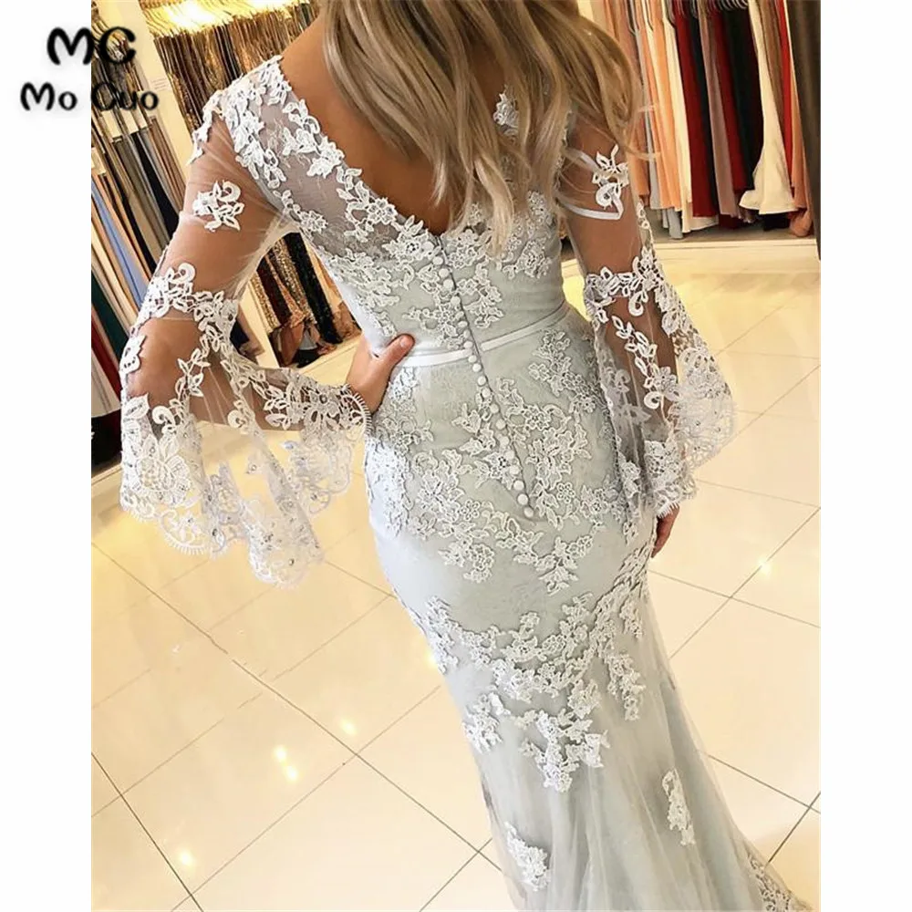 Elegant V-neck Lace Mermaid Prom Dresses Puffy Sleeves (4)