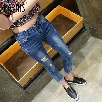 

Nonis Women 2018 New Spring High Elastic Pencil Pants Ripped Paint Points Ankle length Jeans Female Boyfriend Skinny Slim Capris