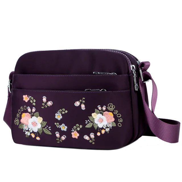 Luxury Brand Flower Shoulder Bag Women Small High Quality Nylon Tote Top-handle Travel Crossbody Bag Embroidery Messenger Bags Purple
