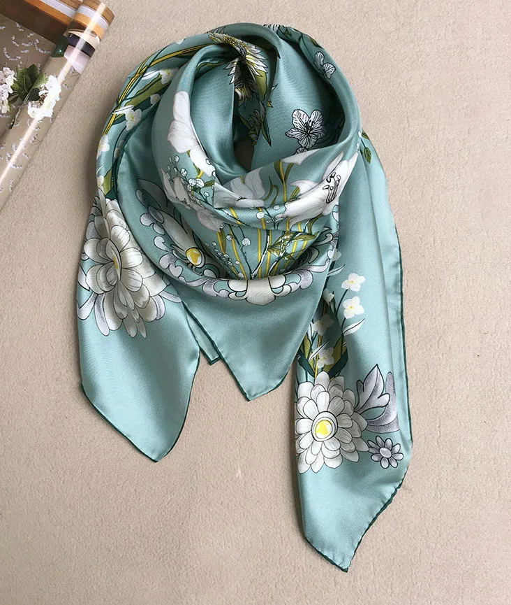Свежий зеленый цветочный принт твил Шелковый шарф платок женский большой квадратный шелковый шарф платок хиджаб головной платок шарфы 3"* 35" Подарки - Цвет: Picture Green