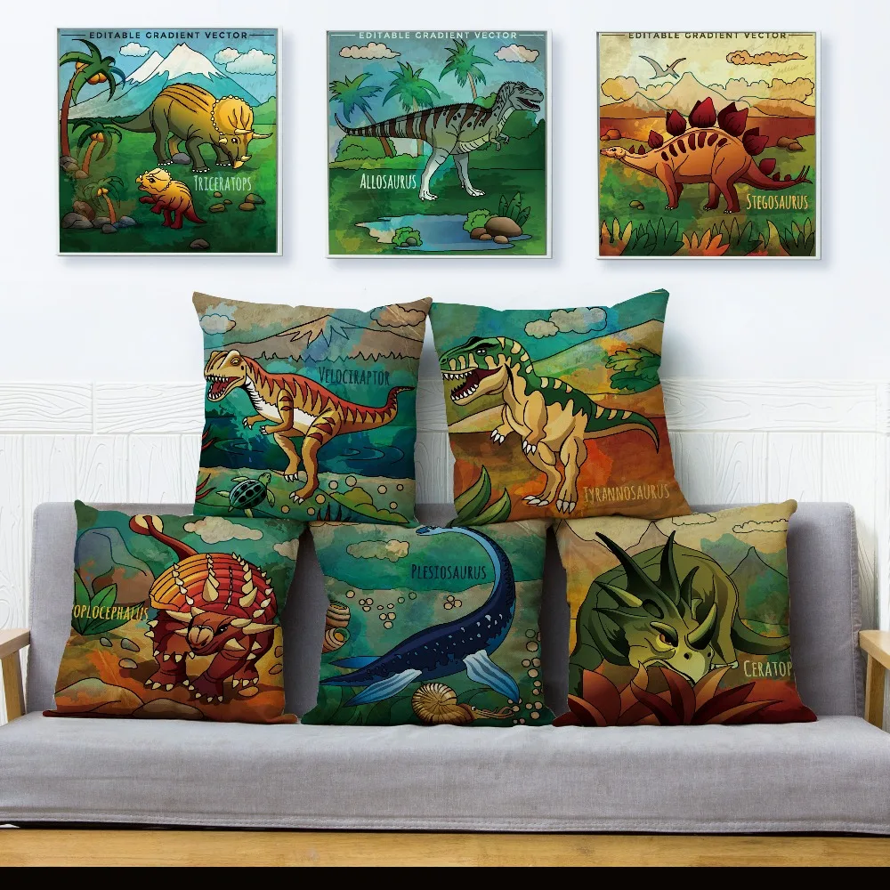 

Jurassic Dinosaur Animal Throw Pillow Cover 45*45cm Cushion Covers Linen Pillows Cases Sofa Home Decor Cartoon Pillow Case