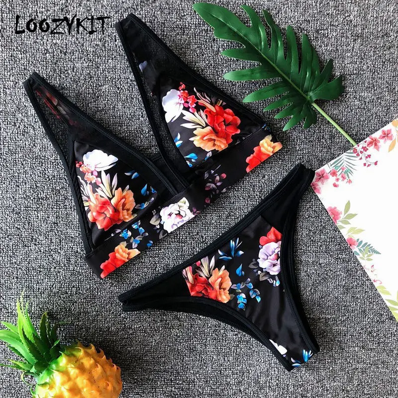 

LOOZYKIT 2019 Women's 2 Piece Bikinis Female Low Cut Stitching Mesh Swimsuit Floral Print Sexy Bathing Lace Swimwear Monokini