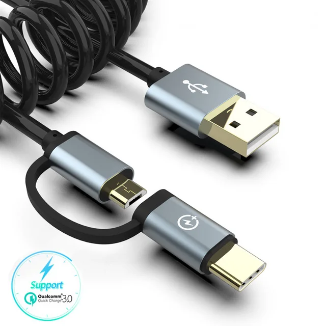 

2in1 2 In 1 Usb Cable Spring Coiled Micro Usb Type C Fast Charging Cable for Samsung Galaxy S9 S10 M30 M20 A6s A8s A9 Cavo Usbc