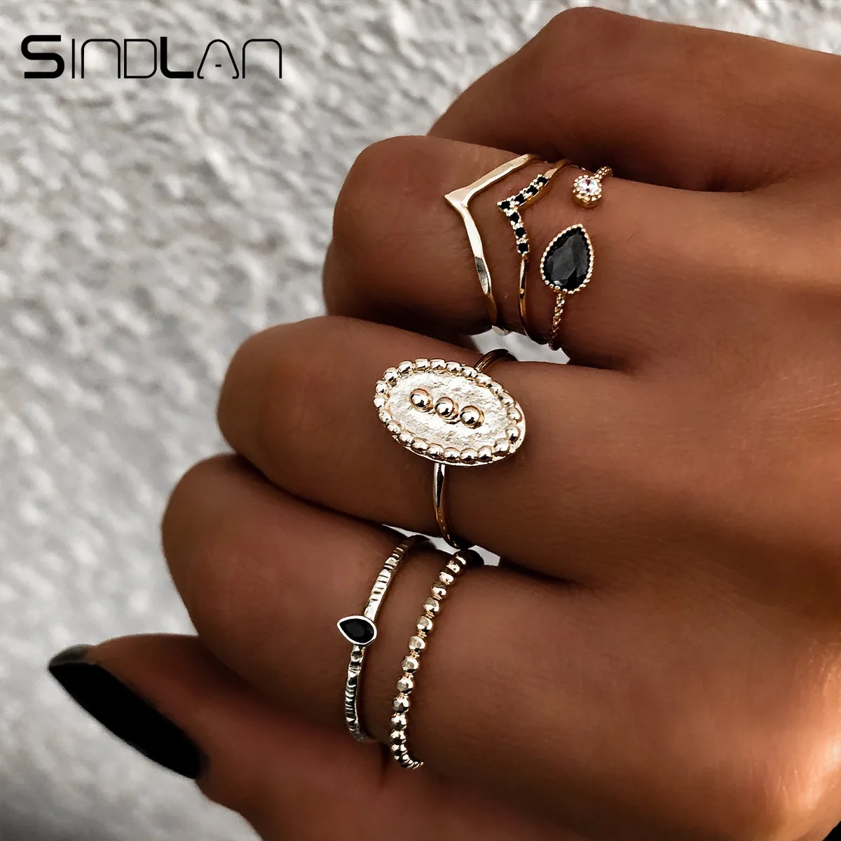 

Sindlan 6PCs European Embossed Stamp Ring Waterdrop Crystal Silver Charm Ring Set Simple Joint Rings for Women Fashion Jewelry