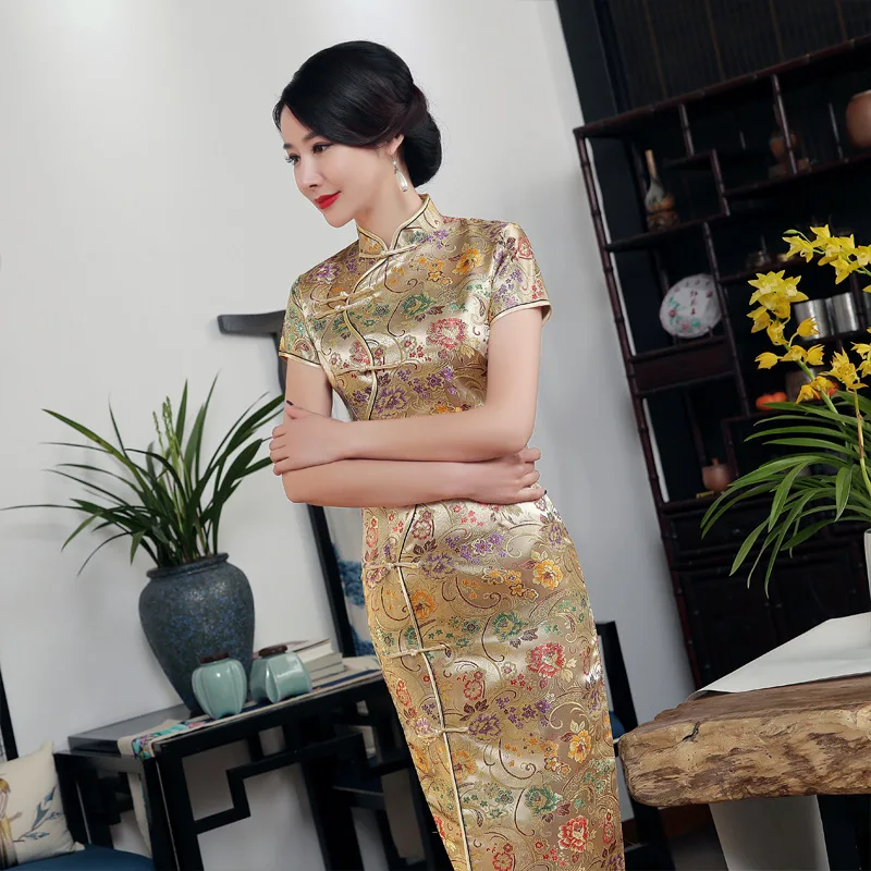 Высокое качество Золотое сексуальное сатиновое китайское облегающее длинное платье Ципао с коротким рукавом и принтом S-3XL C0002