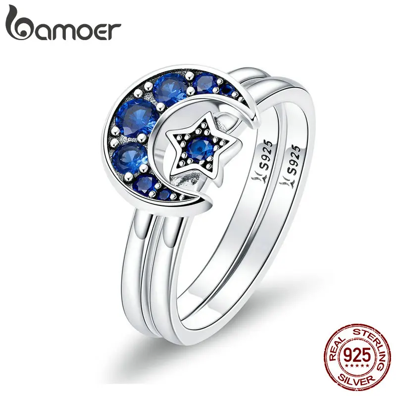 

BAMOER Authentic 925 Sterling Silver Blooming Moon and Star Blue CZ Female Rings for Women Sterling Silver Jewelry Anel SCR412