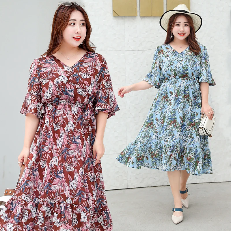 

XL-4XL Sweet Korean Floral chiffon dress plus size loose women summer dress big size casual beach long maxi dress large vestidos