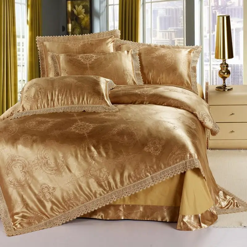 Gold Jacquard Silk bedclothes bedding set queen king 4pcs lace quilt