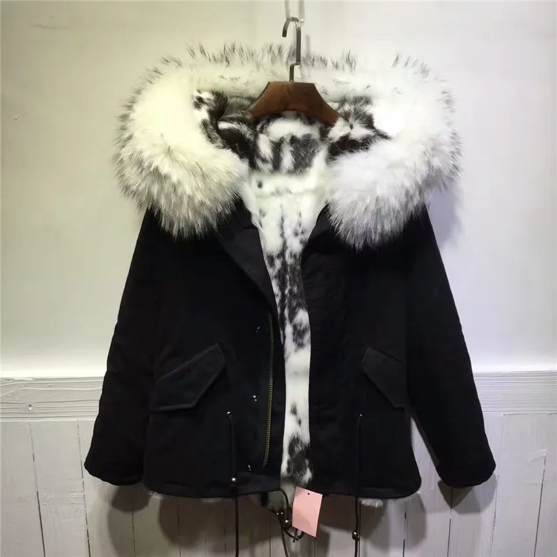 

High quality winter outwear Real rabbit fur inside jacket Short style white with black fur black parka