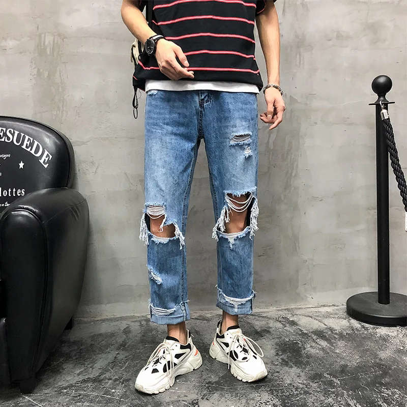 

Summer Jeans Men Blue Streetwear Denim Wide Leg Pants Ankle Length Ripped Jeans For Men Clothes 2019 Loose Hole Jeans Pants Men