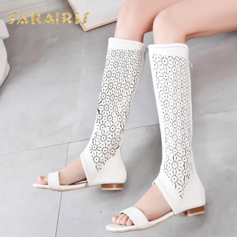 

Sarairis Hollow Out Upper Low Chunky Heel Open Toe Summer Party Wedding Casual Shoes Woman Knee Boots Size 34-48