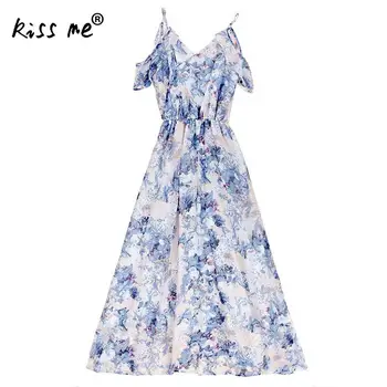 

Chiffon Long Style Beach Dress Blue Floral Printed Holiday Maxi Dress Slip Dress Off Shoulder Backless Summer Robe Vintage Women