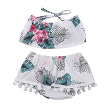 Летний Повседневный хлопковый комплект с цветочным принтом для маленьких девочек, купальный костюм, купальный костюм, топы, трусы, украшенные кисточками, штаны, одежда