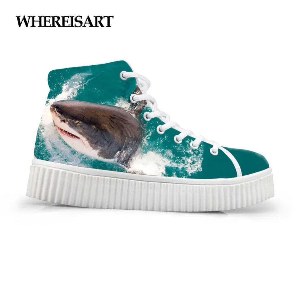 

WHEREISART Fashion Women Platform Shoes Spring High Top Canvas Sneakers Shark Animals Printing Creepers Walking Tenis Feminino