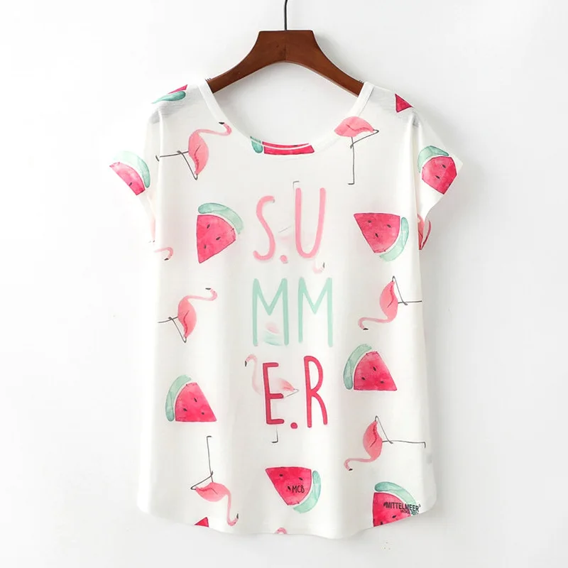Летние новые женские футболки Harajuku милый чехол с животным узором Милая футболка с принтом кота единорога повседневные свободные топы с круглым вырезом и коротким рукавом - Цвет: Watermelon Flamingo