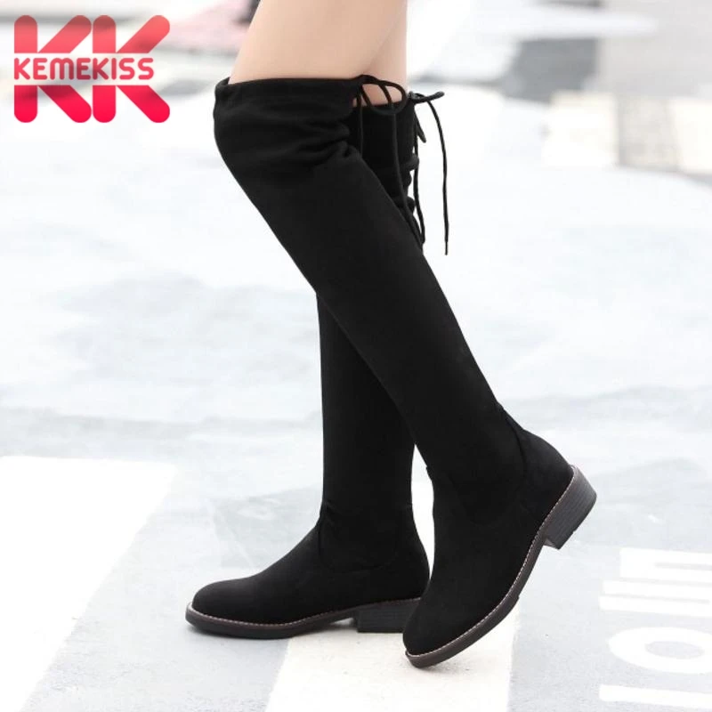 

KemeKiss Sexy Women Flats Over Knee Boots Lace Up Warm Fur Shoes Women Thigh High Stretch Boots Fashion Party Shoes Size 34-43