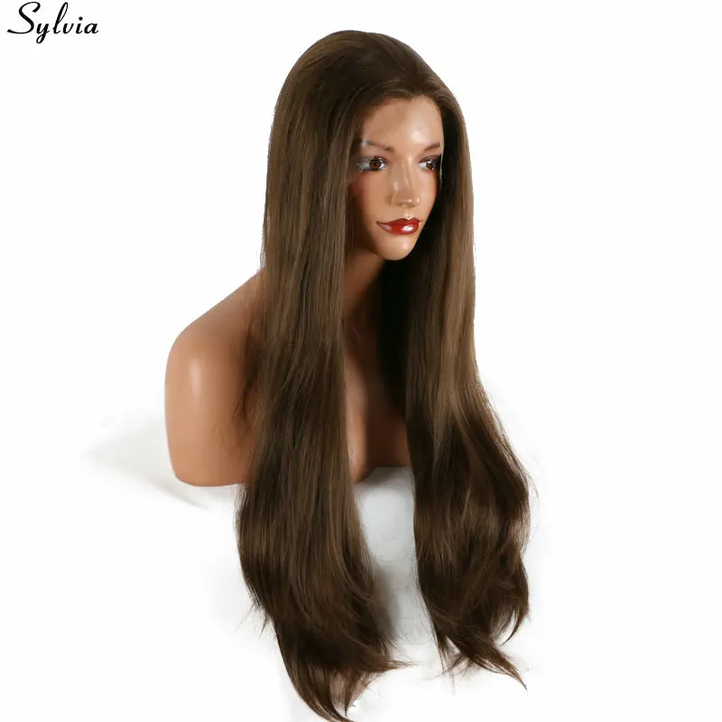 Sylvia Natural Brown Hair Wigs Long Straight Glueless Heat Resistant Fiber Synthetic Lace Front Wig For Black Women 20-26" | Шиньоны и