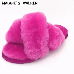 Мэгги Walker Для женщин мода овец волос Шлёпанцы для женщин конфеты Цветной на плоской подошве Натуральный мех Осенне-зимние тапочки Размеры