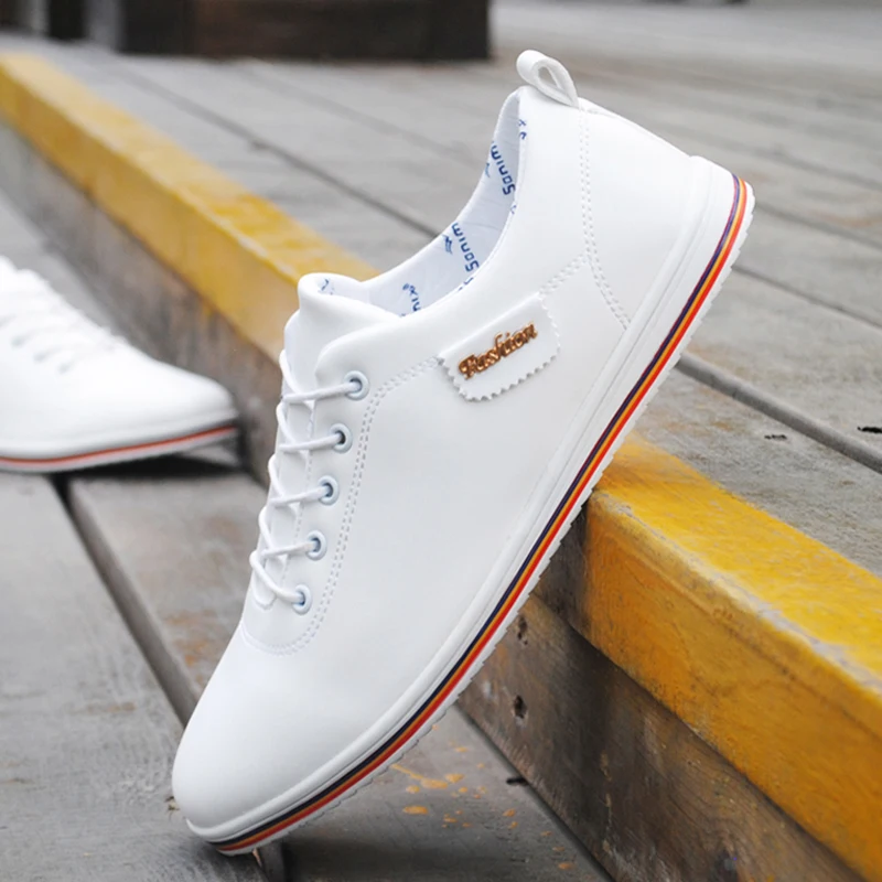 Autumn Winter Men Shoes Breathable Men's Casual Shoes Pu Leather Flat Shoes Lace-Up Man Shoes Comfortable Outdoor White Sneakers