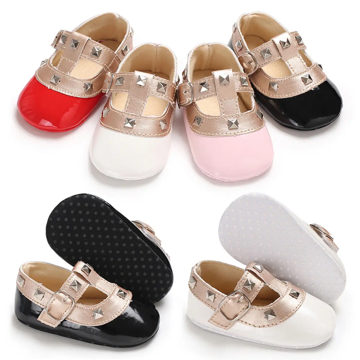 

Newborn Baby Girls Bow Princess Shoes Soft Sole Crib Leather Solid Buckle Strap Flat With Heel Baby Shoes 4 Colors