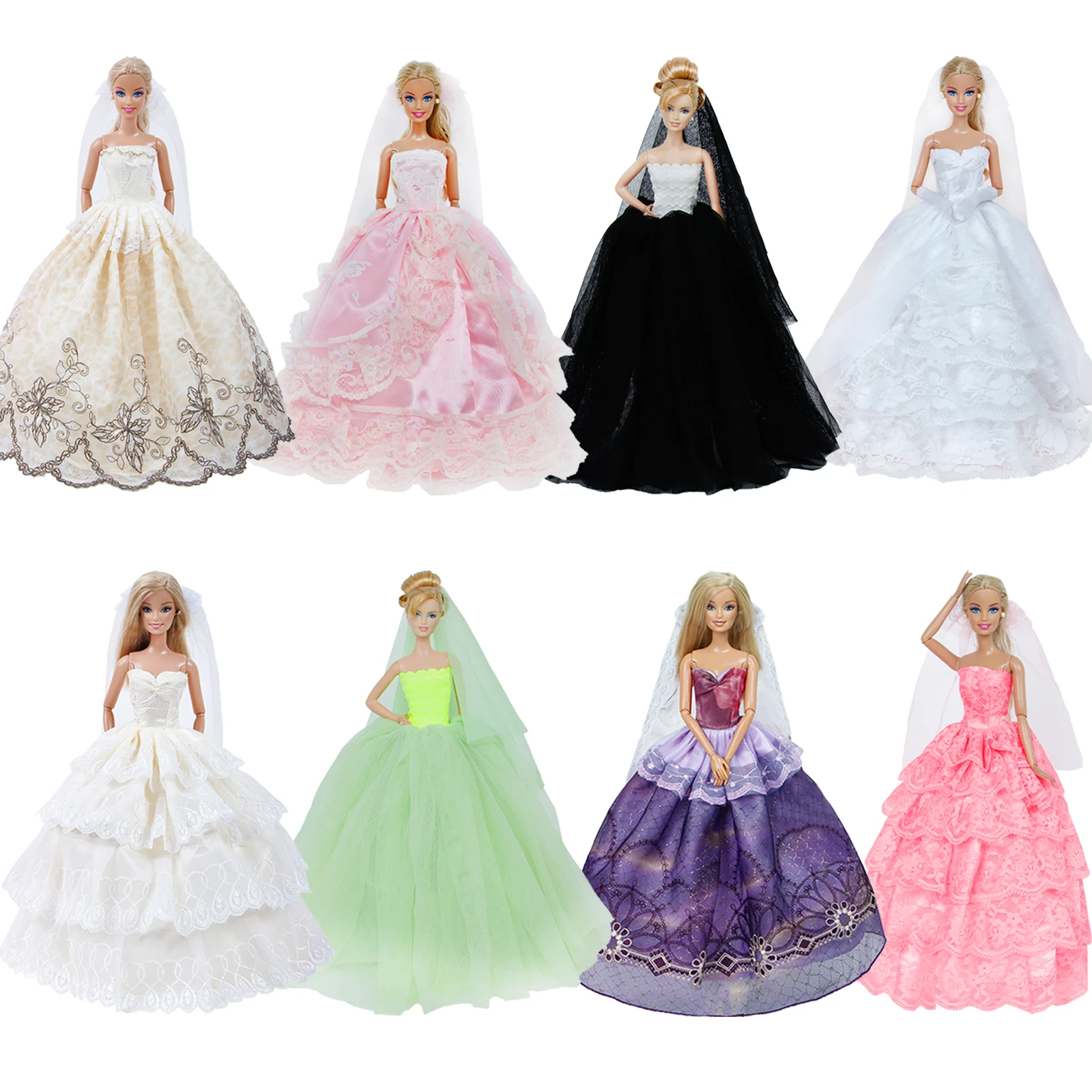Handmade Fashion Wedding Dress for Barbie Doll Princess Dinner Party Wear Gown + Veil Clothes Outfit Doll Accessories Kids Toy