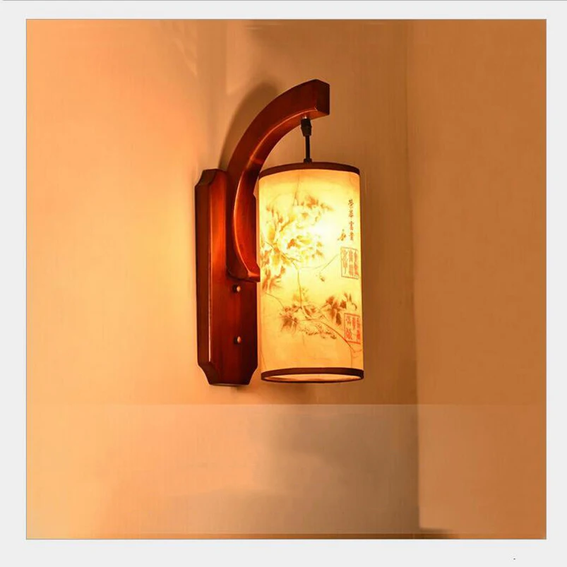 Retro Chinese wall lamp wall sconce antique Wood Parchme stair aisle corridor bedroom living room cafe lamp,E27 wall light bra