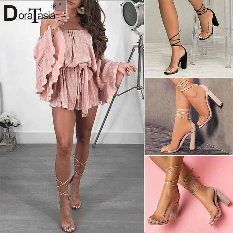 

DORATASIA 2019 summer Brand Sexy women Party ankle-Wrap sandals transparant strap high 10 cm heels sandals shoes woman 34-43