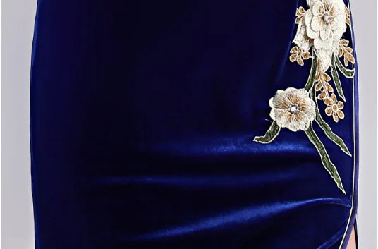 vintage profundo azul bordado flor veludo vestido