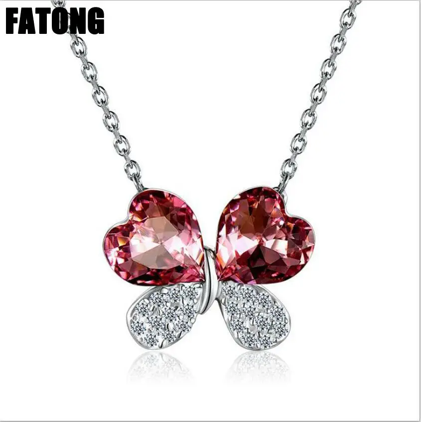 

925 sterling silver butterfly love flower zircon natural crystal necklace female jewelry J0207