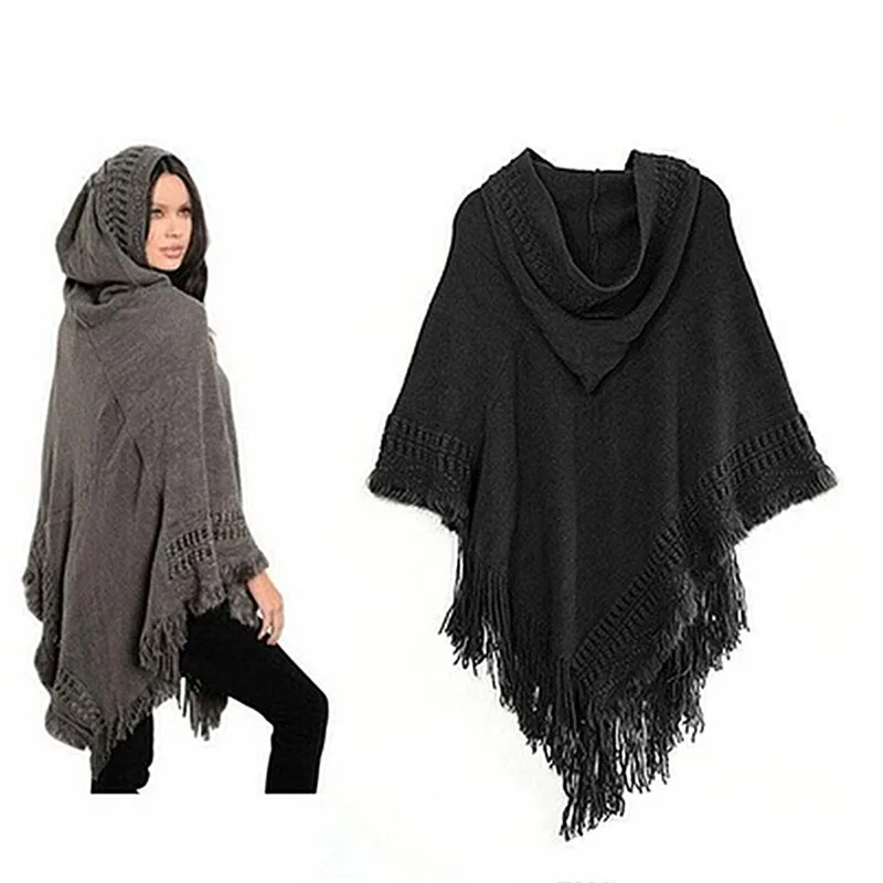 

1pcs Women Cloak Hooded Sweaters Knit Batwing Top Poncho With Hood Cape Coat Tassel Sweater Outwear