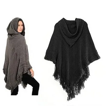 

1pcs Women Cloak Hooded Sweaters Knit Batwing Top Poncho With Hood Cape Coat Tassel Sweater Outwear