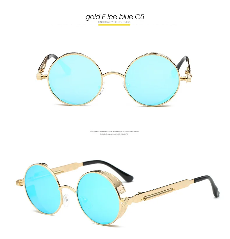 BANSTONE круглые солнцезащитные очки в металлической оправе мужской женский стимпанк модные очки Брендовая дизайнерская обувь в ретро-стиле Винтаж солнцезащитные очки UV400 - Цвет линз: C5 gold F ice blue