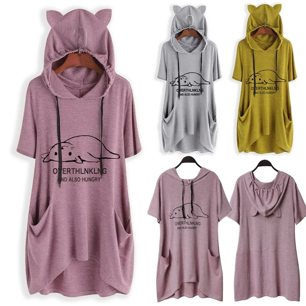 

Women Pluse Size Print Cat Ear Hooded Short Sleeves Pocket Top Blouse autunm sudaderas para mujer hoody ladies sweatshirt dress