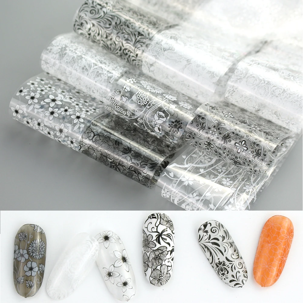 

10Pcs Holographic Nail Art Foil Transfer Decal Set Nails Vintage Lace Flower Design Stickers Adhesive Manicure Decoration Wraps