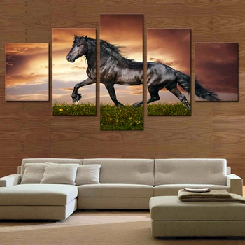 

5 Pcs Big Size Runnig Black Horse Canvas Print Painting for Living Room Modern Decoration Wall Art Picture Gift Unfrmaed
