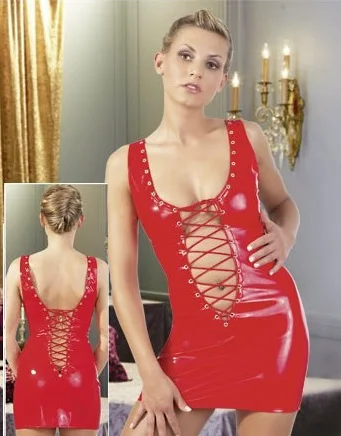 Female Hot Red PVC Vinyl Shiny Wet Look Front and Back Lace Up Mini Dress Womens Mistress Fetish Clubwear Party Costume