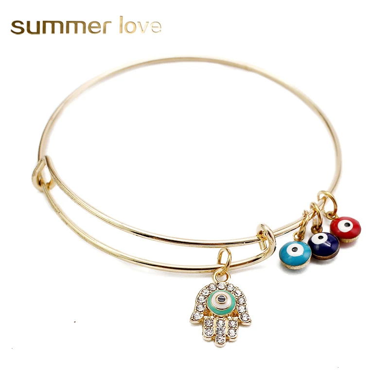 

Charm Eyes Bangles & Bracelet Crystal Hamsa hand Bangle Gold Color For Women Adjustable Expandable Wire Bangles Pulseiras