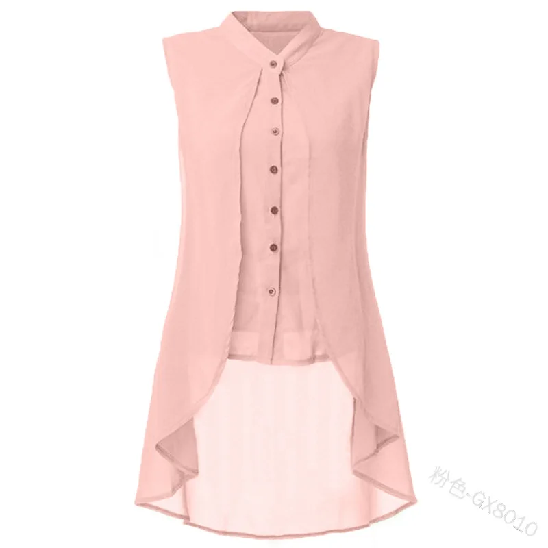 Женская винтажная приталенная шифоновая блузка без рукавов, асимметричная передняя короткая длинная рубашка с подолом, топ для дам, летняя, большой размер S-5XL
