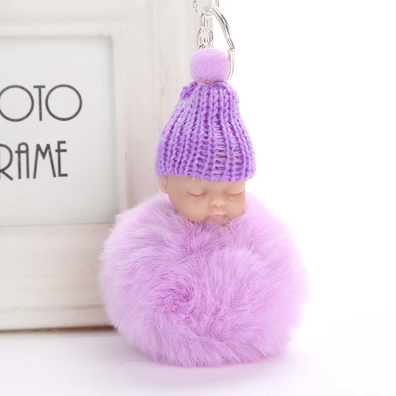 

New Cute pompom keychain Sleeping Baby key chain fluffy fake rabbit fur ball women car bag pompon key ring pom pom holder Gift