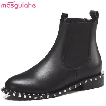 

Masgulahe new arrival rivet genuine leather boots fashion round toe ankle boots elastic band simple thick low heels womens shoes