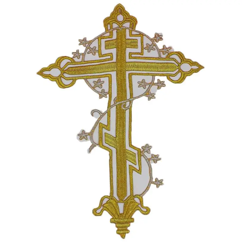 

YACKALASI 5 Pcs/Lot Jesus Cross Patches 3D Gold Metallic Appliqued Iron on Embroidered Flower Trims Cross 20*28cm
