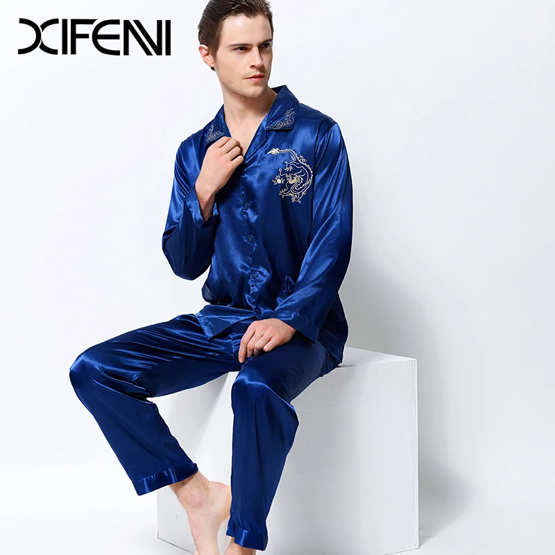XIFENNI 2020 Men Satin Silk Pajamas Dragon Embroidery Pyjama Sets Long-Sleeved Luxurious Emulation Silk Sleepwear Pijama 3313 XIFENNI 2020 Men Satin Silk Pajamas Dragon Embroidery Pyjama Sets Long-Sleeved Luxurious Emulation Silk Sleepwear Pijama 3313