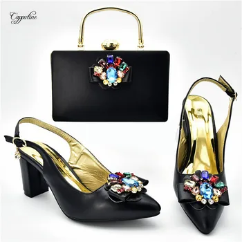 

Popular black pointed toe high heel lady shoes and purse bag set with crystal stones 108-2 heel height 7cm