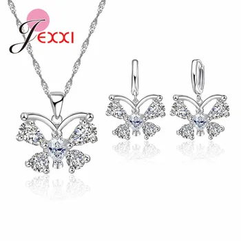 

New Design Women Wedding Accessories 925 Sterling Silver Jewelry Sets With Butterfly Pendant Necklace Earrings Set
