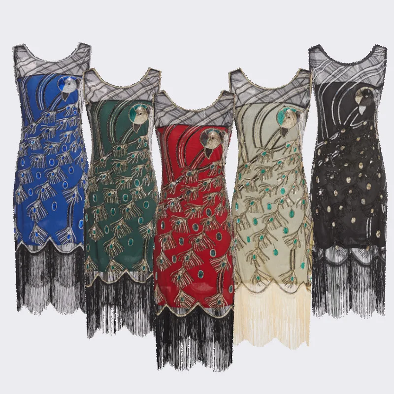 

Embroidery & Bead Dress Midi Vestido Women 20's Vintage Peacock Sequin Fringed Party Flapper Dress