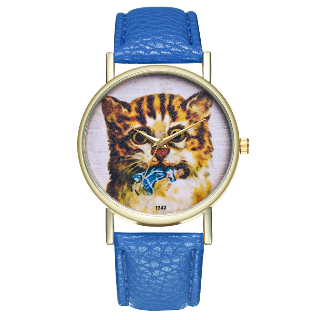 Винтажные женские кварцевые часы Модные женские кожаные часы свадебные забавные кошачьи креативные часы браслет часы - Цвет: Blue