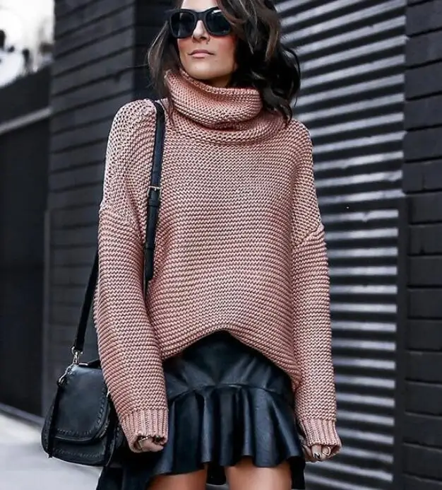 Для женщин осенне-зимняя трикотажная одежда Удлиненный свитер с высоким, плотно облегающим шею воротником Женский пуловер теплый толстый вязаный свободный Разделение свитер для Для женщин E010 - Цвет: pink